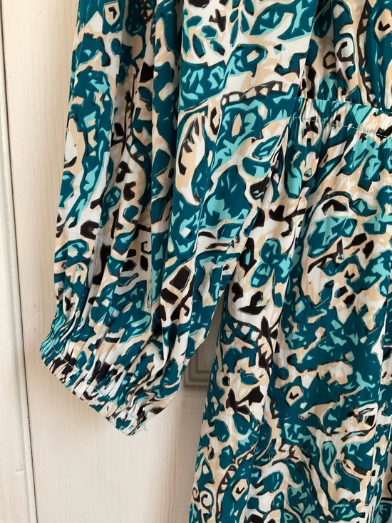 Chico's 3 Teal White Paisley Maxi Dress 24” by 50” v neck ruffle tiered travel - Picture 8 of 11